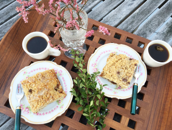 Lavender Peach Coffee Cake on Tray with Coffee